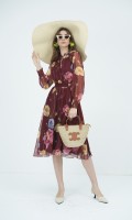 SIXDO G-Wine Floral Voile Flared Dress for Women